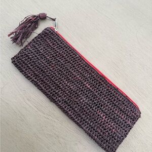 Chic Woven Brown Clutch with Red Zipper